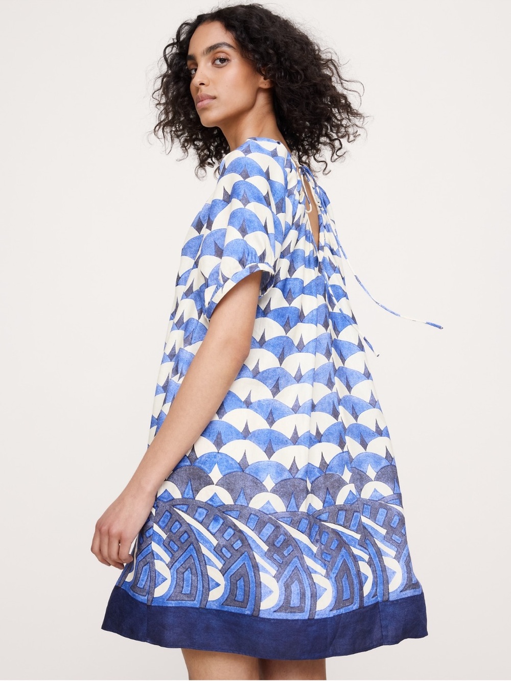 Banana Republic Viscose-linen Puff Sleeve Geo Print Mini Dress NWT M